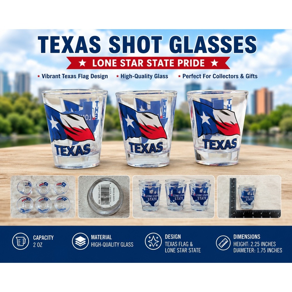 Texas Lone Star State Flag Shot Glasses Set of 6 Souvenir Barware Clear Glass